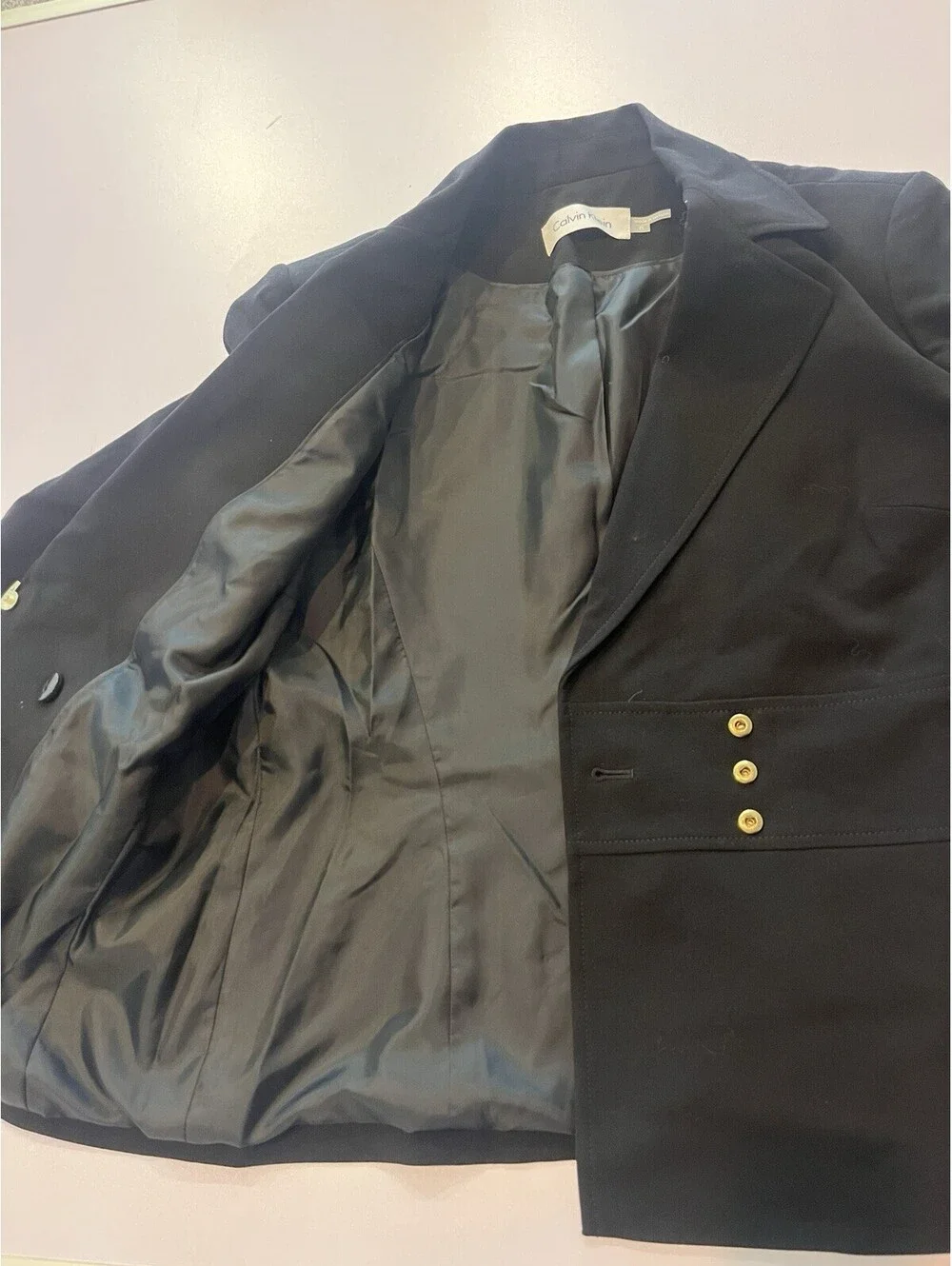 Calvin Klein Womens Black Blazer Size 8 Gold Bar Tailored Career Jacket